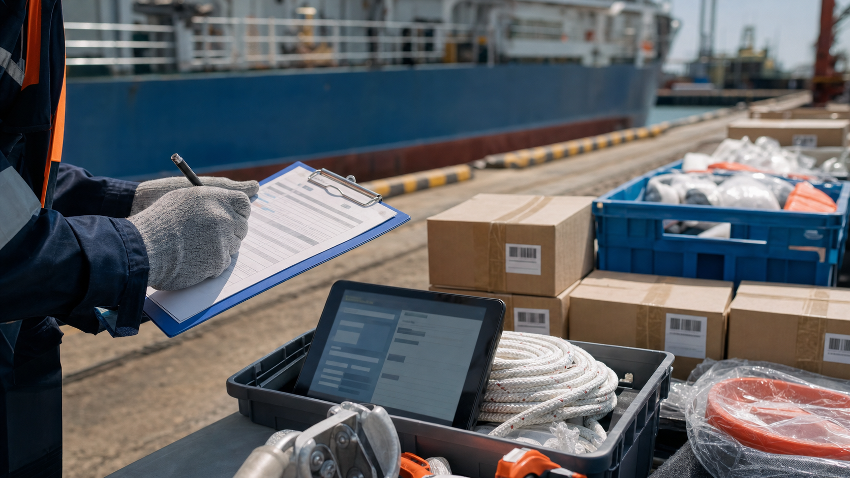 Imagem conceitual de conferência de suprimentos marítimos no cais, com documentação e carga organizada para entrega ao navio.